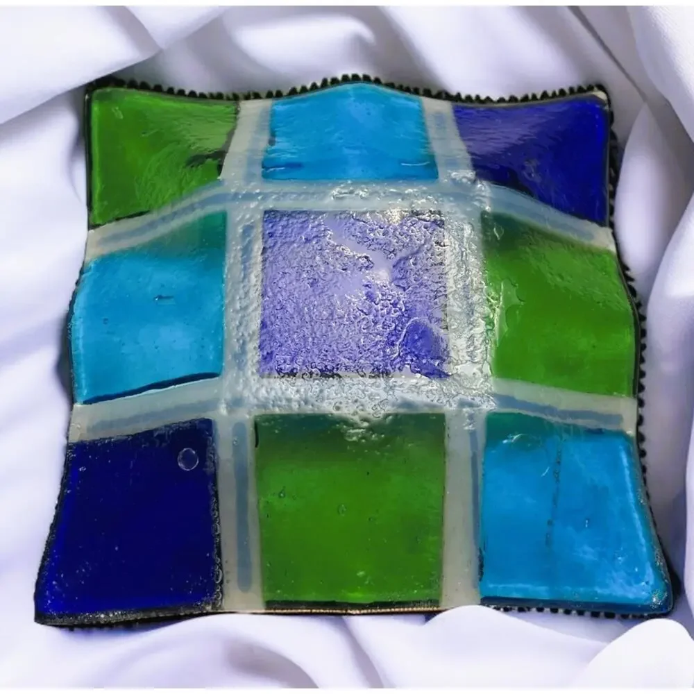 Vintage Murano Checkerboard Grid Design Fused Glass Trinket Dish